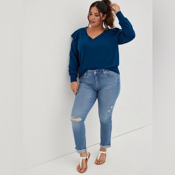 Torrid lightweight French terry V-neck ruffle shoulder sweater shirt - Picture 6 of 14